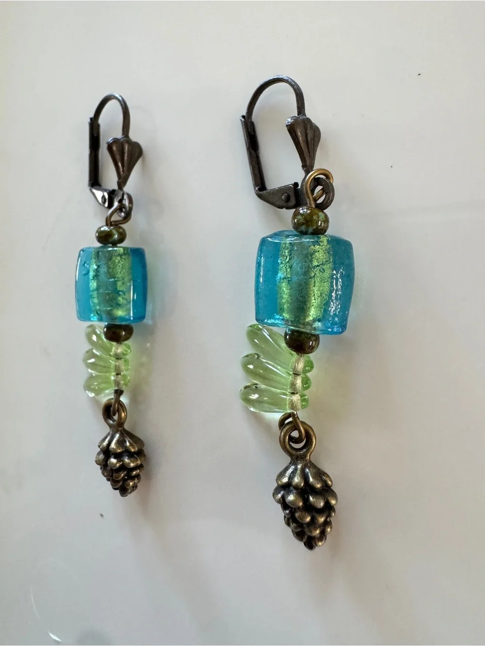 Blue and Light Green Glass Dragonfly Drop‎ Earrings